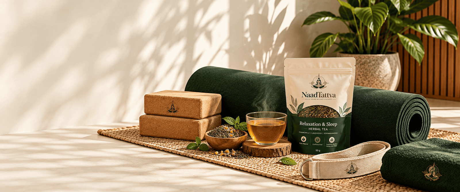 NaadTattva herbal tea with yoga accessories