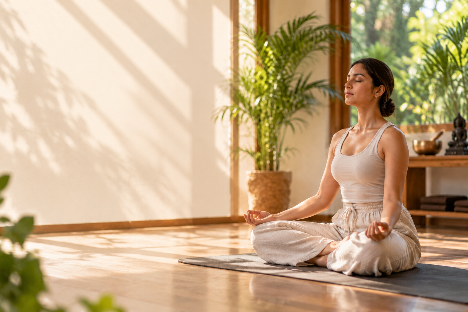 Woman practicing yoga and meditation in a peaceful sunlit studio