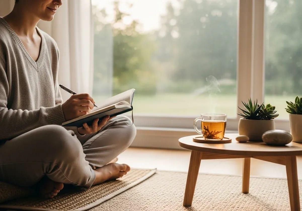 Mindful living with journaling, tea and peaceful surroundings